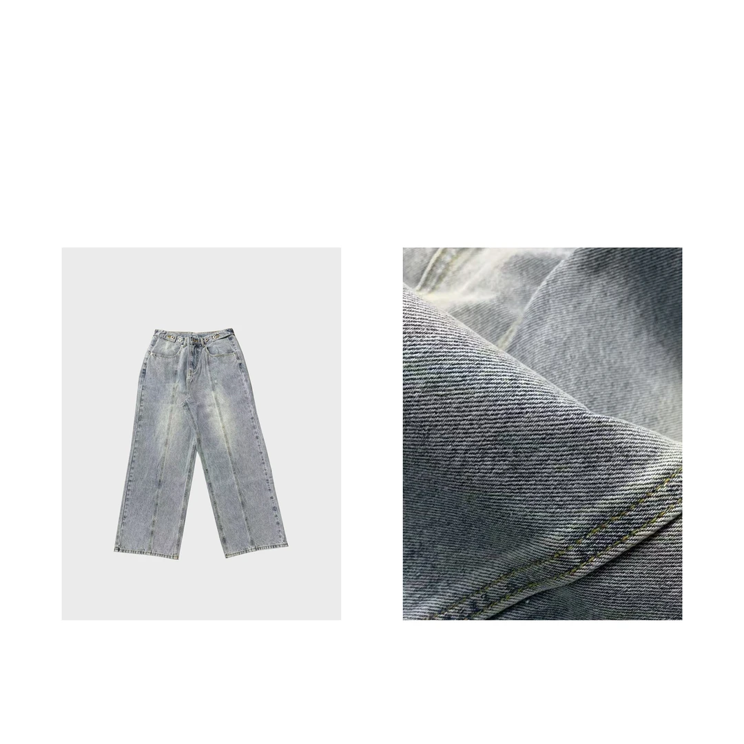 MAINRAY-「街头范~」韩版星球牛仔裤百搭复古做旧拼接阔腿长裤