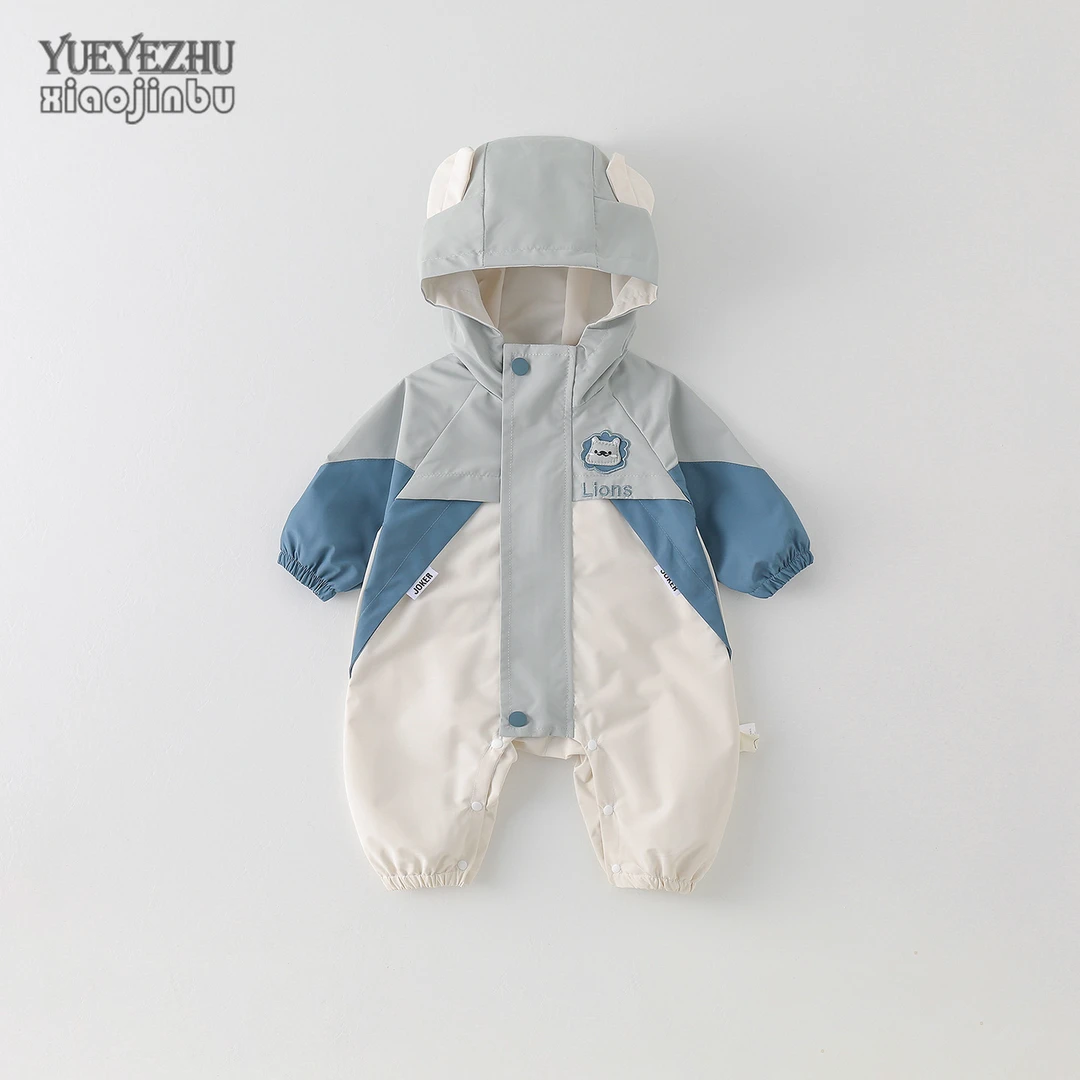 婴儿秋装冲锋衣外套男宝宝休闲连体衣秋季卡通撞色连帽哈衣爬服潮