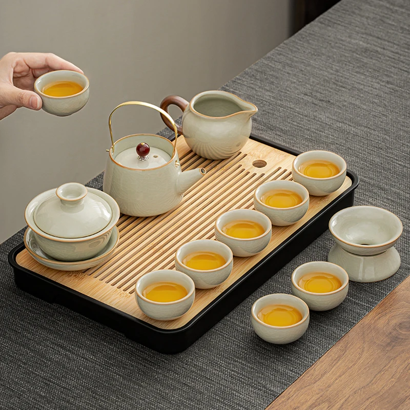 户外旅行米黄汝窑故里提梁壶茶具套装配茶盘高档礼盒可定制logo
