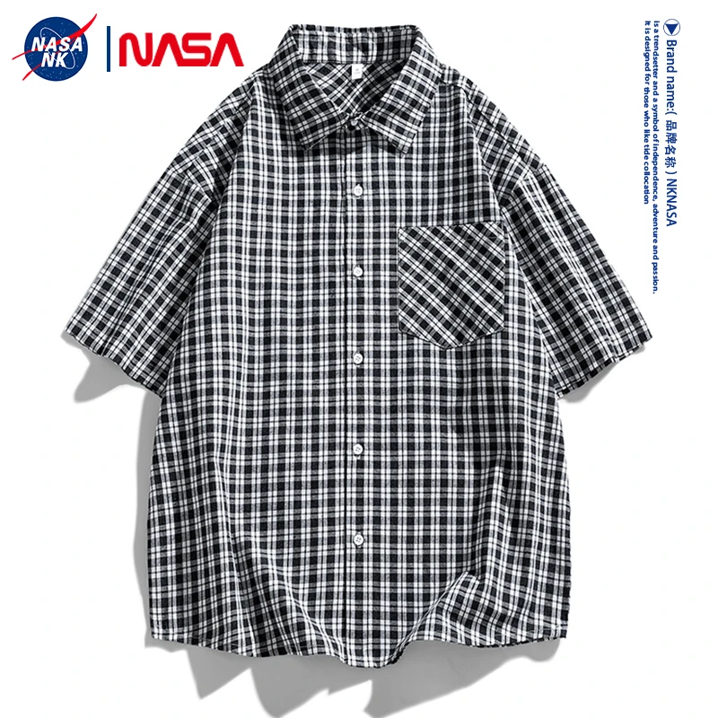 NASA联名夏季薄款宽松休闲格子短袖衬衫男士日系帅气复古风格外套