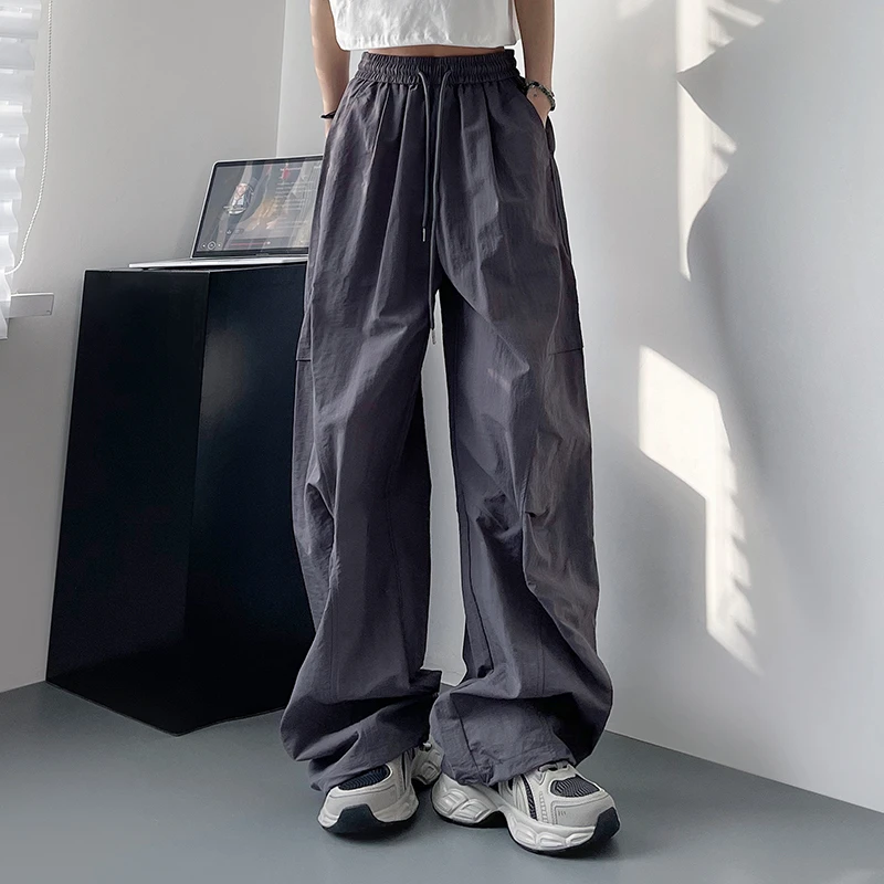 大码冰丝工装裤女夏季胖mm显瘦藏肉休闲裤高腰抽绳垂感运动阔腿裤