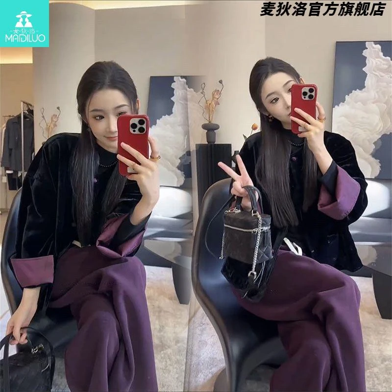 时尚复古套装女2025春季新款高级感新中式国风长袖外套裤子两件套