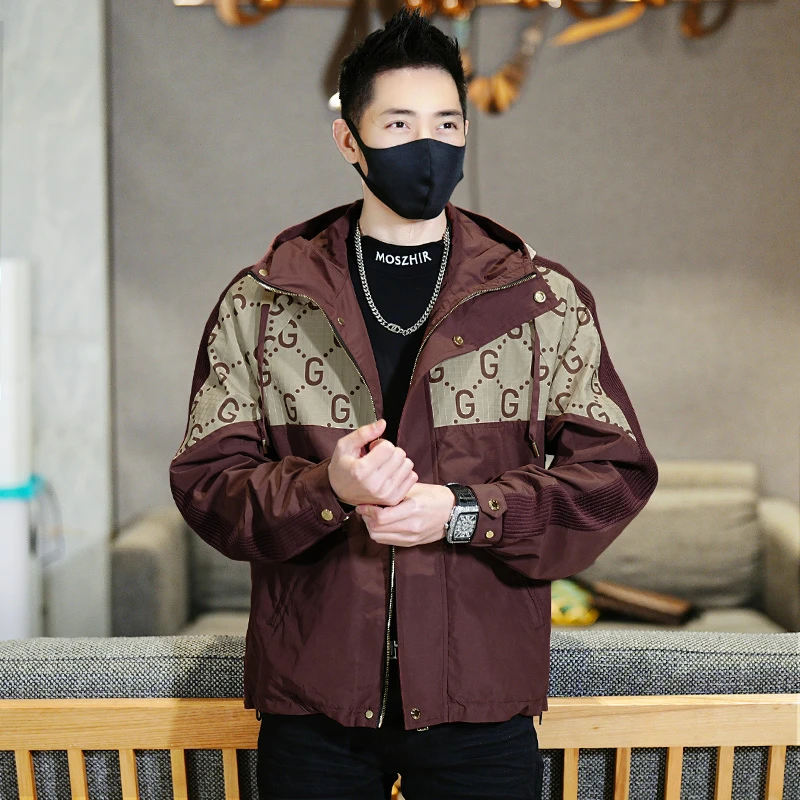 春季潮牌时尚重工印花拼接休闲夹克男士个性潮流修身短款连帽外套