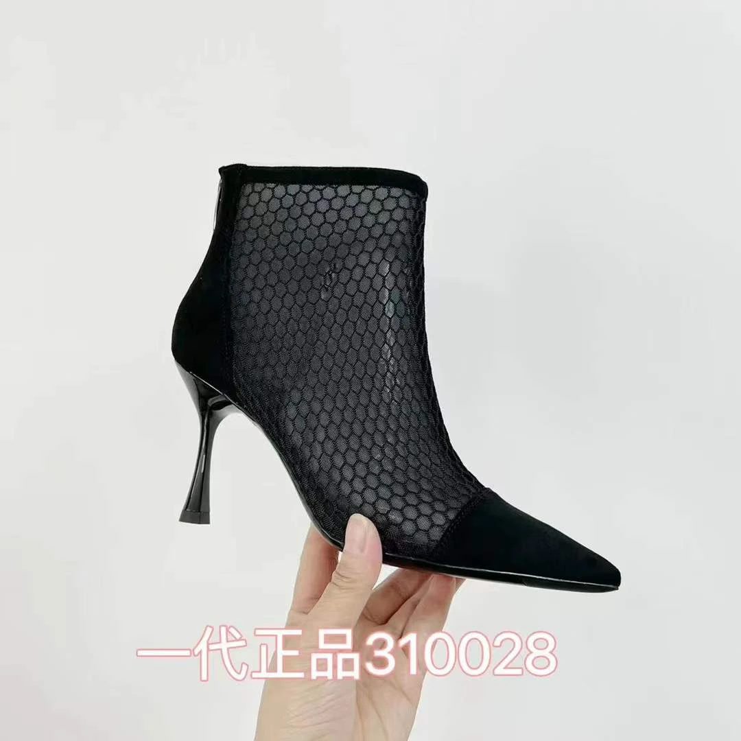 大厂出品310028镂空尖头春细跟高跟短靴女靴网靴城市游牧风