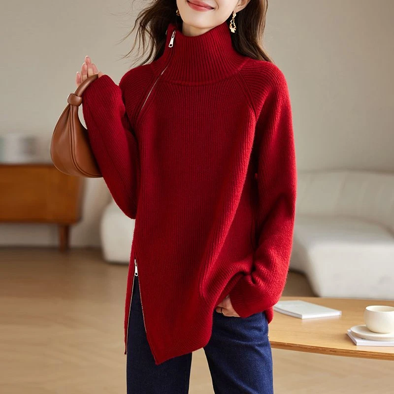 YS#洋气双拉链高领红色毛衣秋冬新款宽松中长款针织打底DY10918