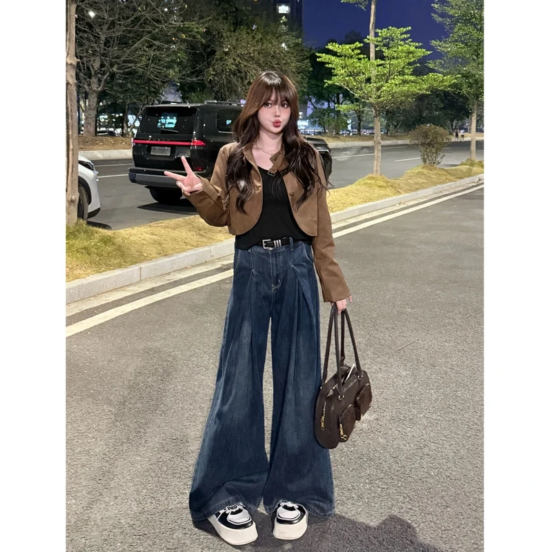 【胖丫丫】美式褶皱阔腿牛仔裤新款蓝灰色高腰拖地裤