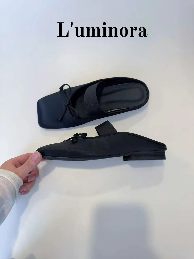 [L‘uminora] 欧若风真丝蝴蝶结方头玛丽珍一字带粗跟女凉鞋 HH3