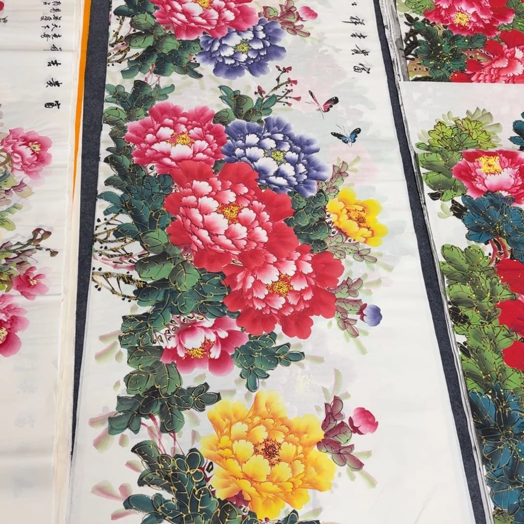 国画180×70千层金线牡丹画画