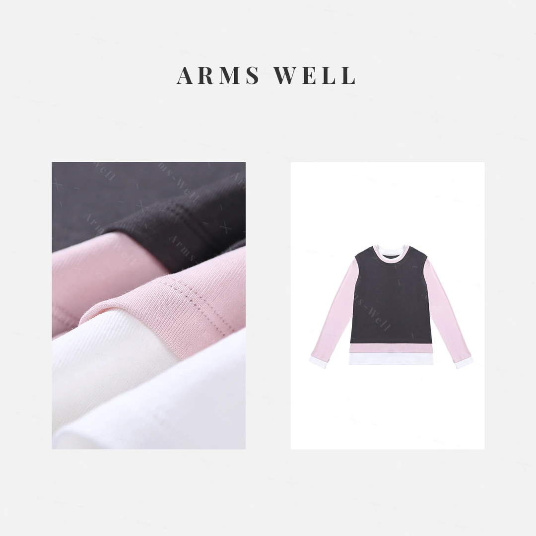ARMS WELL王囡囡 深灰色撞粉色假三件圆领长袖T恤 L108