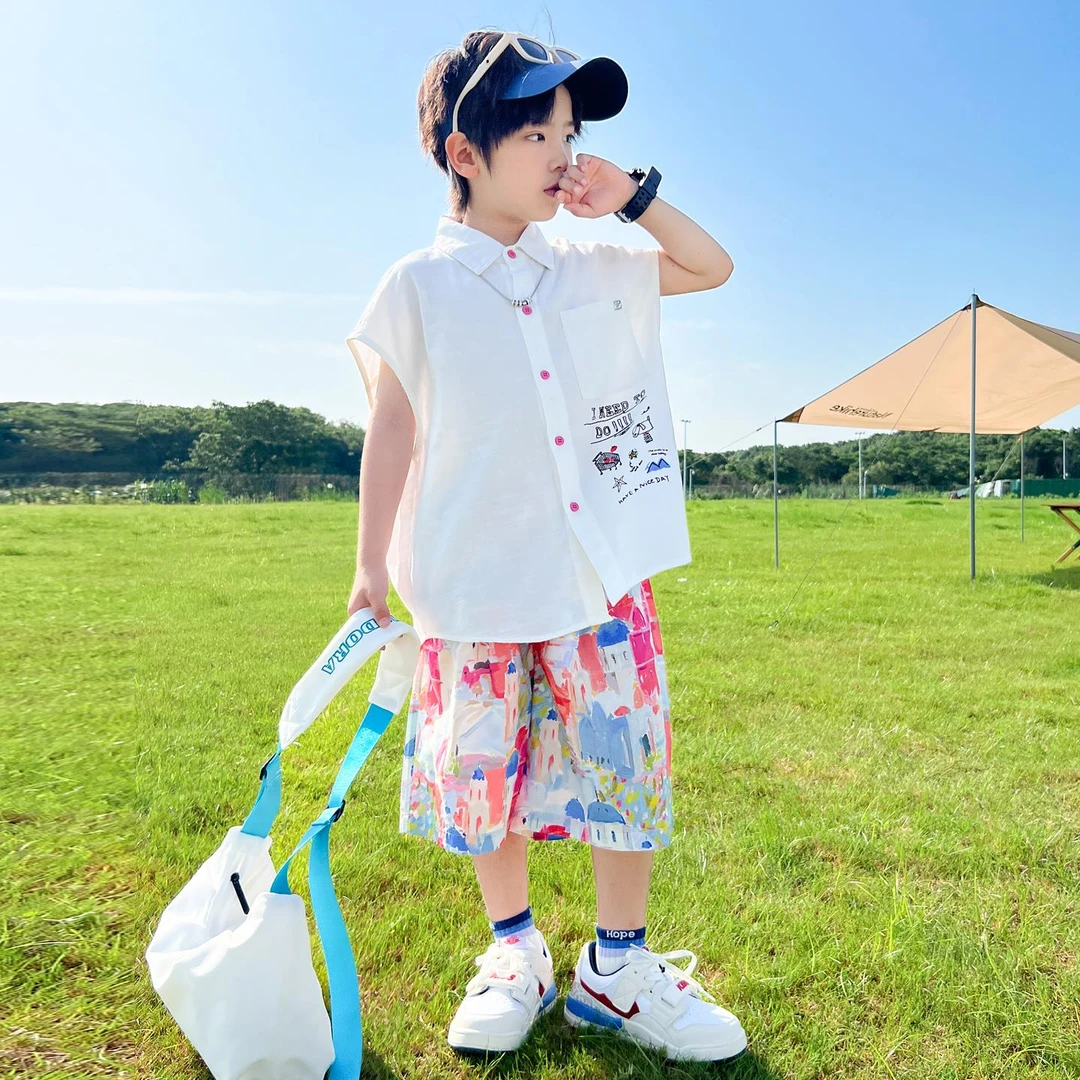FAVMARTHA男童夏季套装2025新款儿童夏装衬衫短袖薄款大童背心男