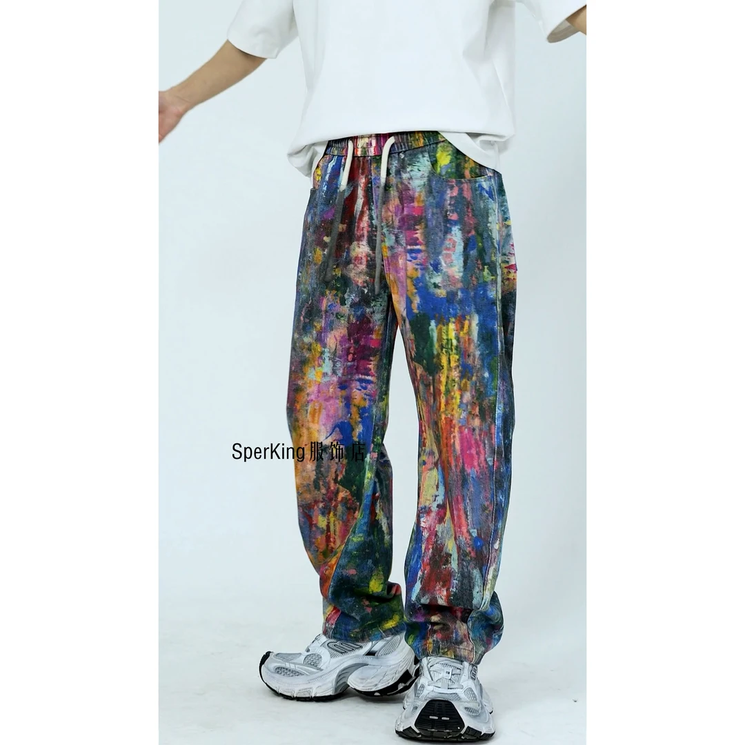 [SPK]3D打印调色盘泼墨画高街潮牌春季牛仔裤休闲扎染直筒宽松裤