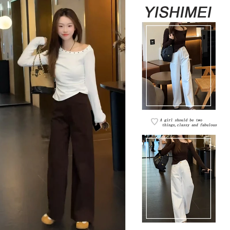 早秋时尚穿搭2025年新款韩系百搭斜肩露肩长袖上衣休闲裤两件套装
