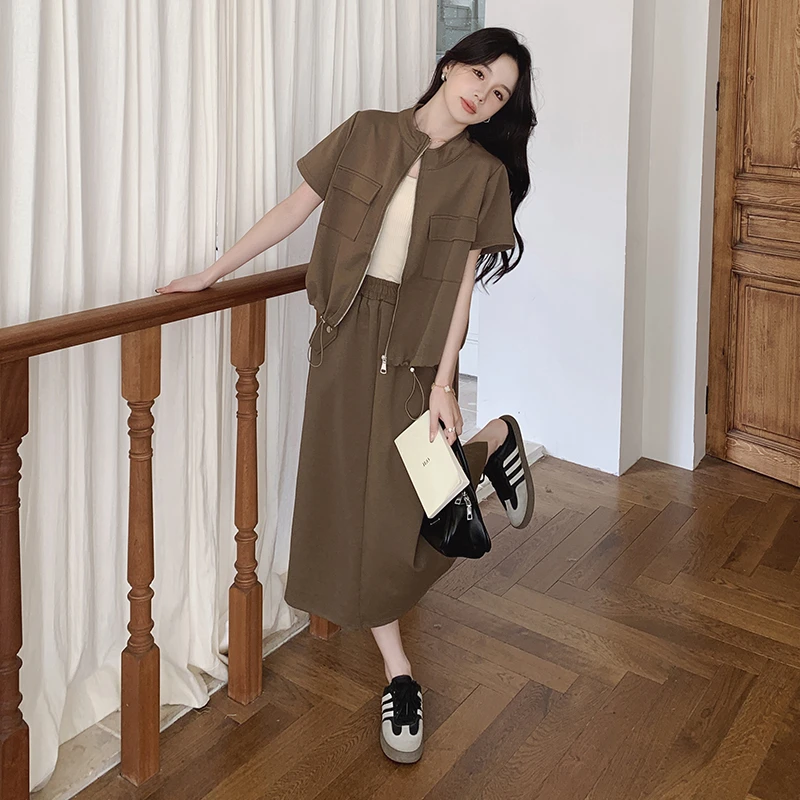 夏装搭配一整套女2025新款时尚宽松大码休闲工装上衣半身裙两件套