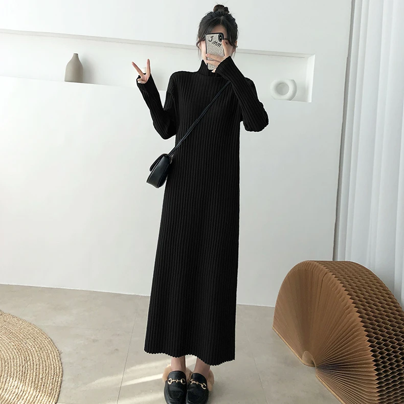 #2658长款毛衣裙过膝女秋冬新款高领打底内搭脚踝针织连衣裙长裙