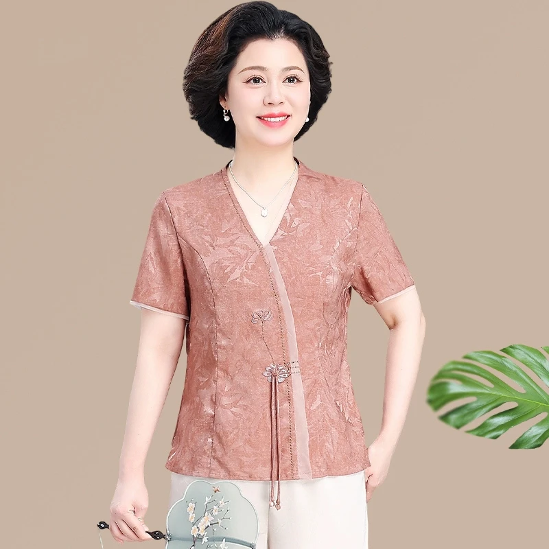 妈妈夏装套装新中式衬衫中老年人短袖T恤小衫女洋气母亲节上衣服