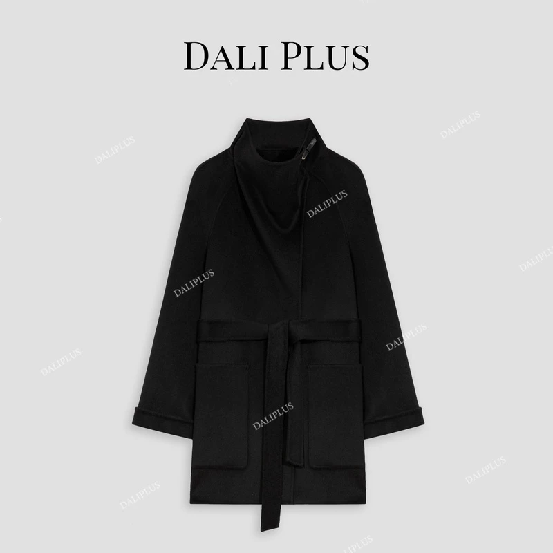 DALI PLUS【桑蚕丝羊绒+绵羊毛】黑色立领拼皮双面呢大衣-D4CK0034