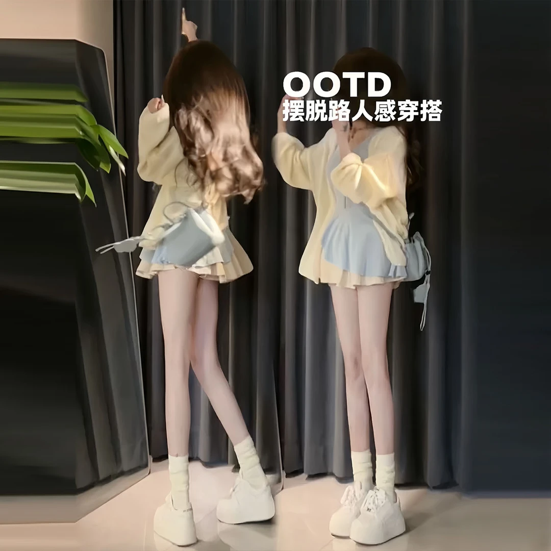 韩系方领不规则系带露肩上衣搭针织开衫女秋季新款芭蕾半身裙套装