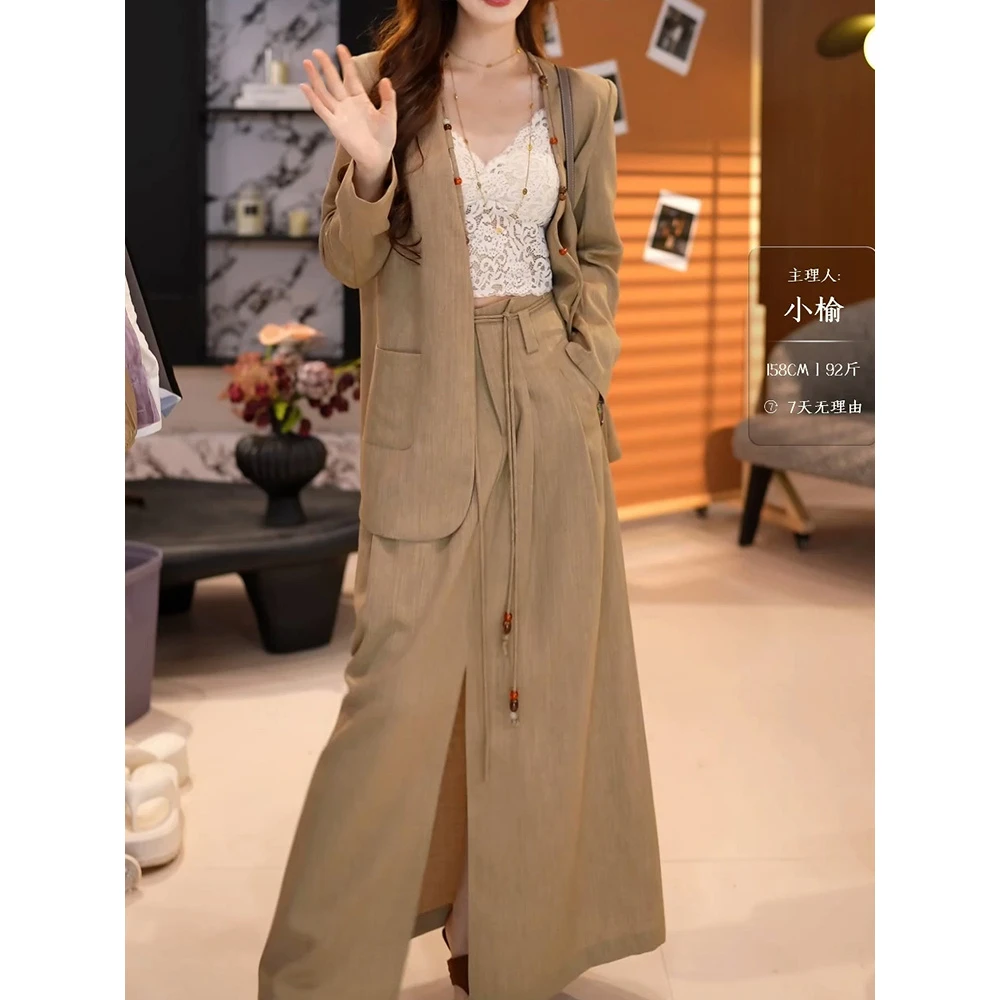 高级时尚休闲风裙套装2025秋季新款纯色宽松百搭西服外套+半身裙