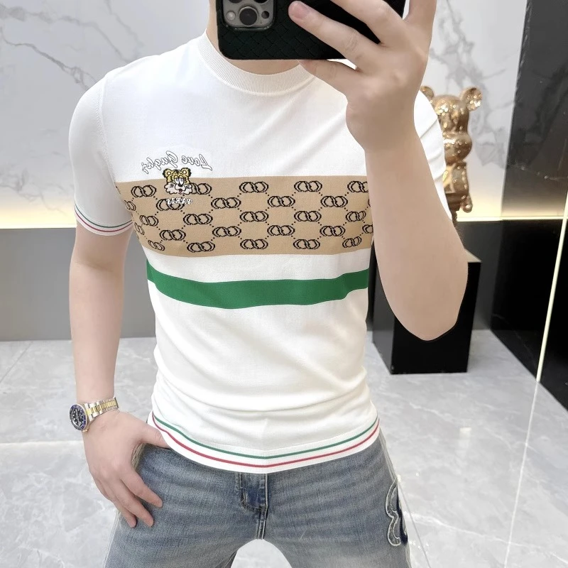 2025欧货轻奢男士针织冰丝短袖T恤时尚百搭夏季半袖印花上衣25321