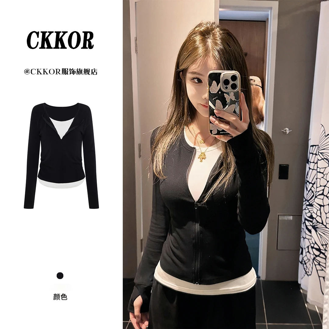 CKKOR春秋新款假两件打底衫长袖上衣韩版休闲修身显瘦套头短外套
