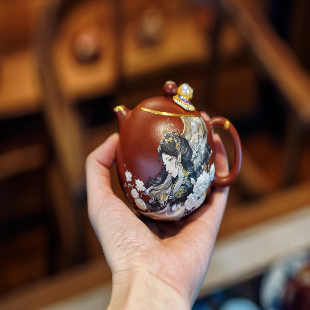 掌上明珠大红袍泥绘包金190c茶具泡茶壶描金精美紫砂壶