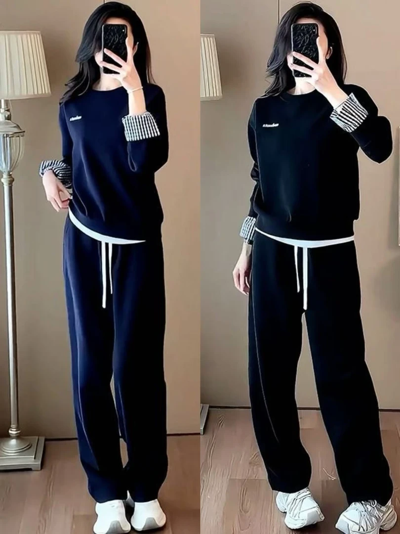 条纹拼接运动服套装女2025秋季新款假两件气质显瘦直筒裤两件套