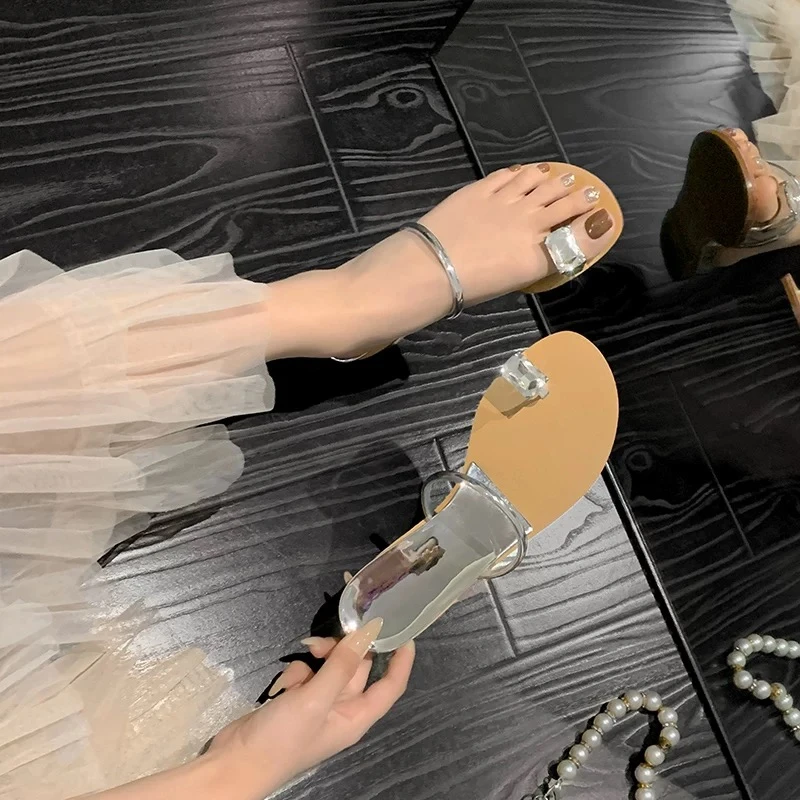 葡萄妈同款小码女鞋313233夏带水钻夹趾平底拖鞋女外穿时尚凉拖