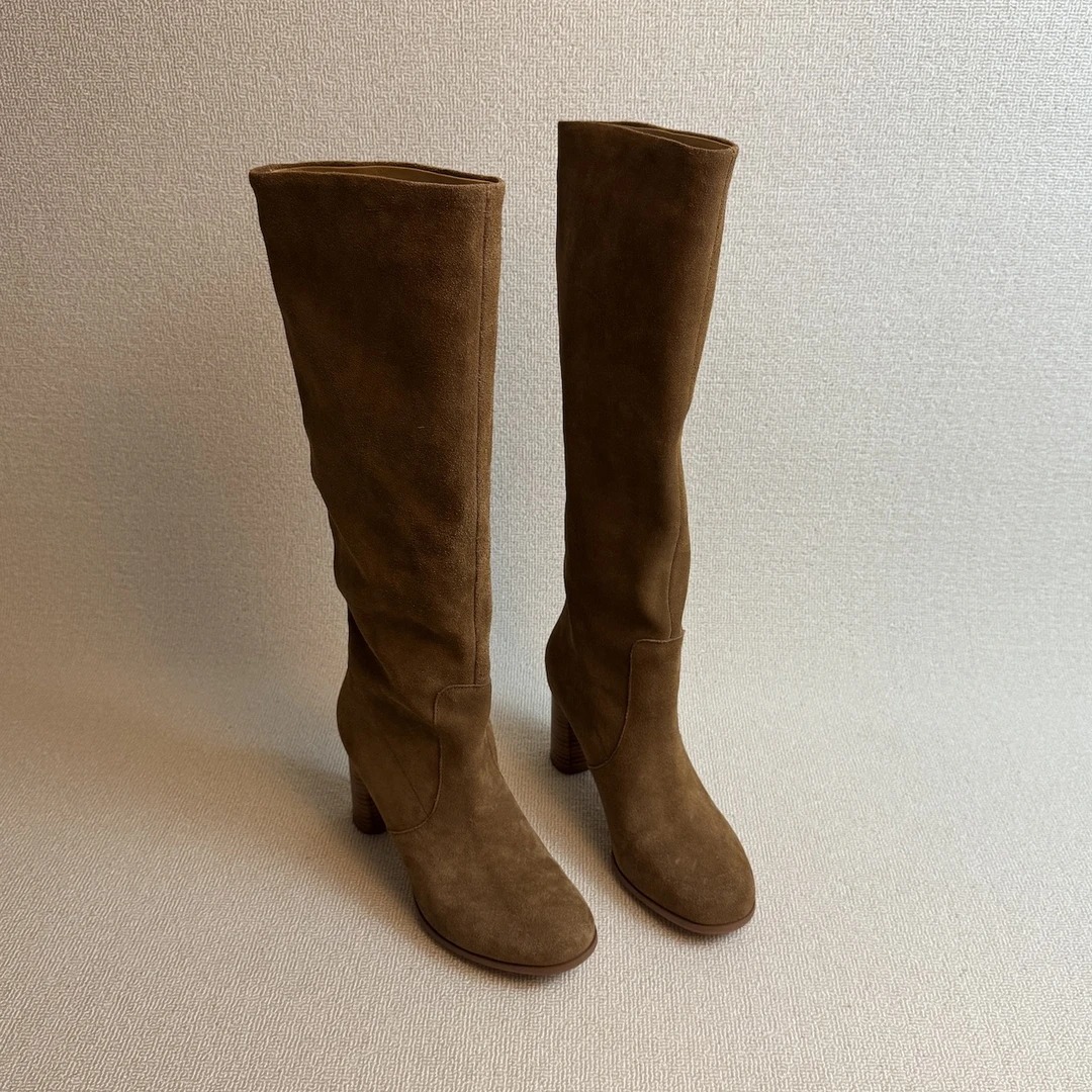 六也「梦中情靴」复古真皮圆头粗高跟一脚蹬显瘦堆堆长靴女 L1268