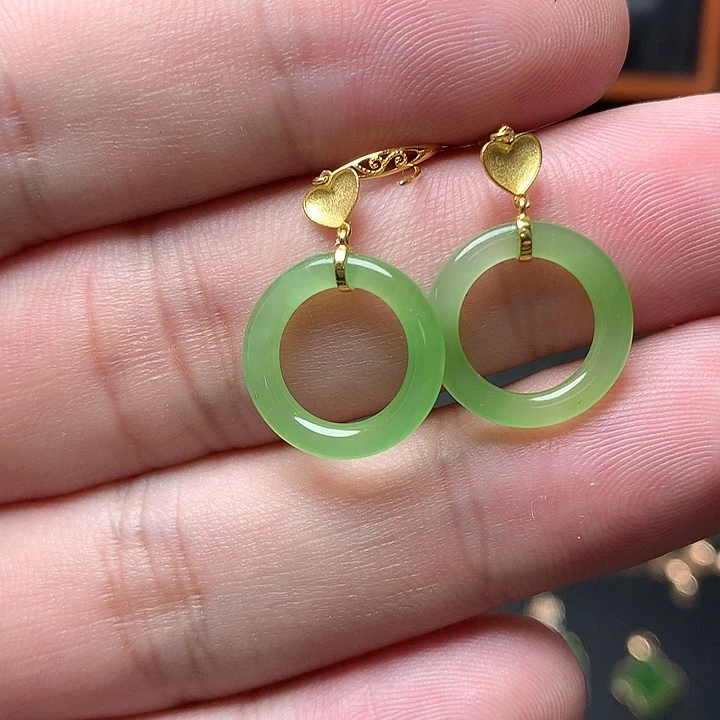 和田玉（碧玉）18K金镶嵌耳环