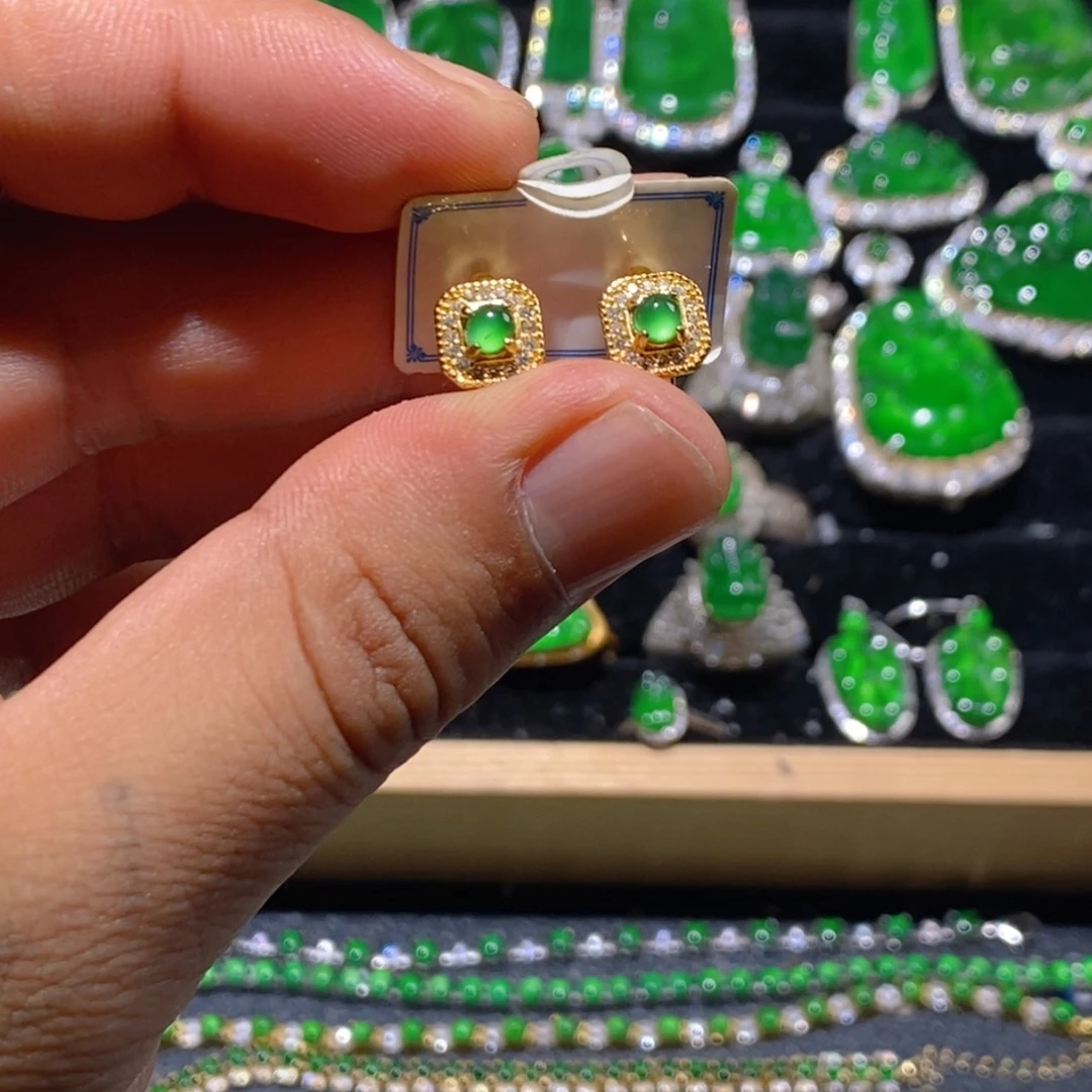 翡翠银S925镶嵌耳饰天然A货翡翠正品