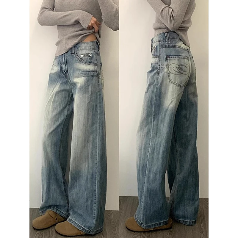 美式复古水洗直筒牛仔裤女春季新款高腰宽松显瘦垂感阔腿拖地裤子
