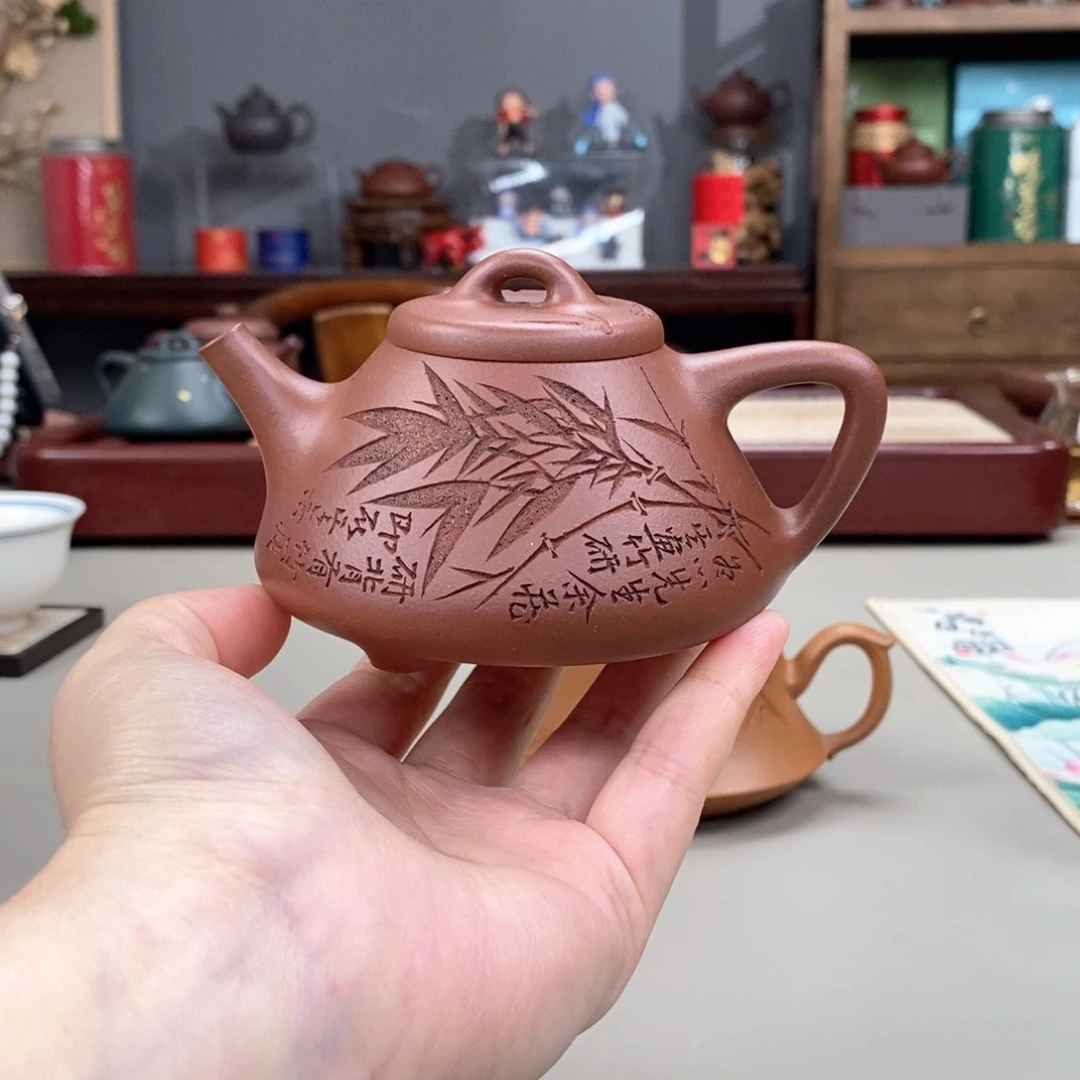 茶壶紫砂羊角山紫泥半手子冶石瓢刻板桥竹200cc