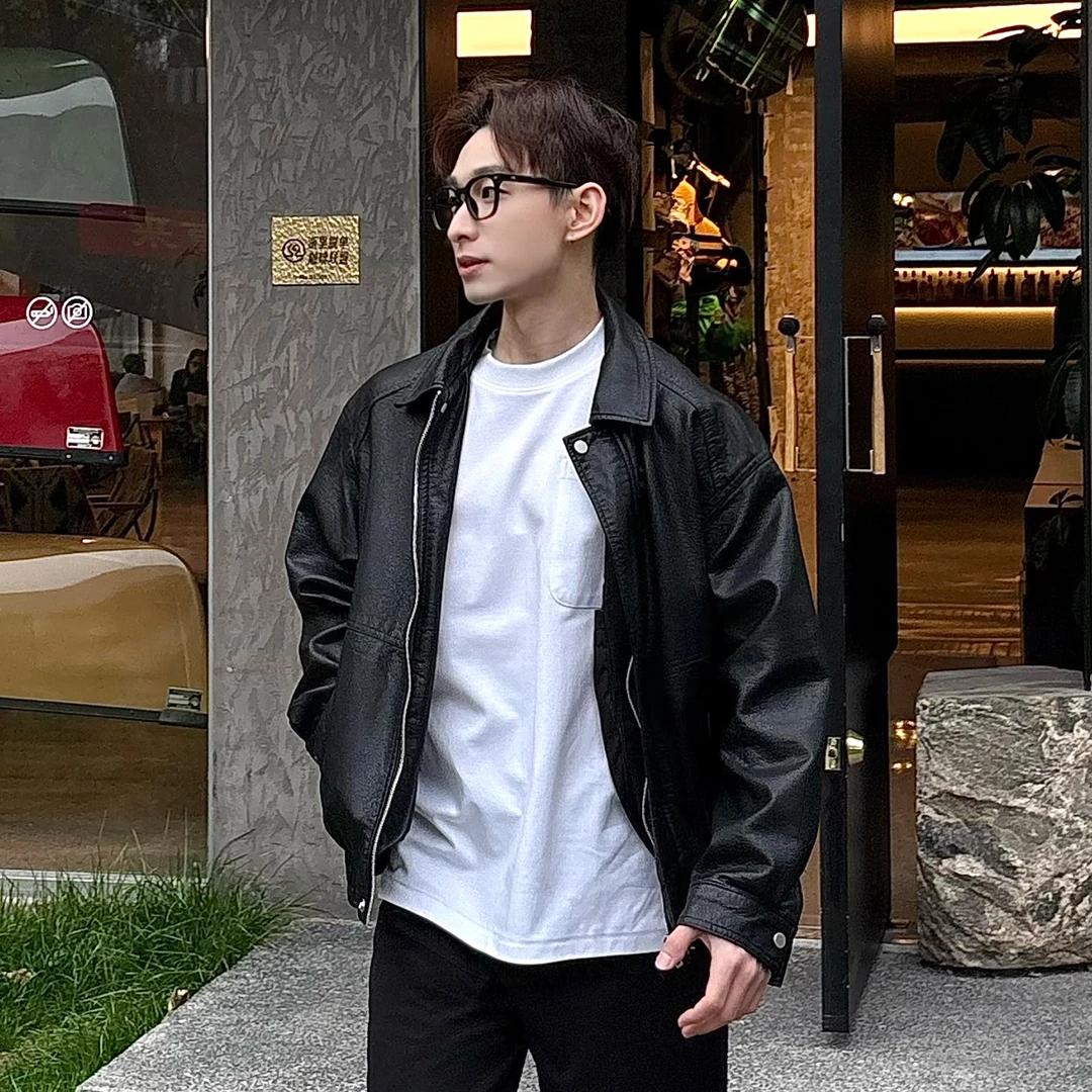 韩国男装 【秋装】棉PU粗纹理质感皮衣 宽松阔版水洗皮休闲上衣外套