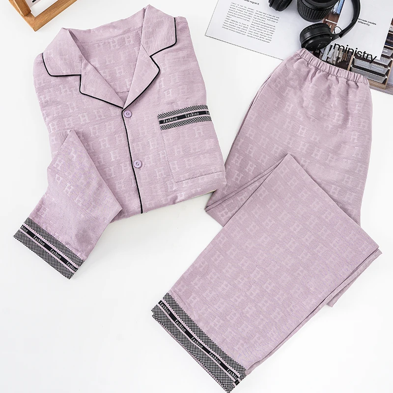 莉莉家2025男士新款开衫长袖长裤紫色睡衣家居服套装外穿