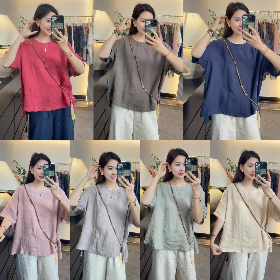 花汐语【语渟】高品质亚麻爆款圆领短袖舒适百搭衬衫女上衣