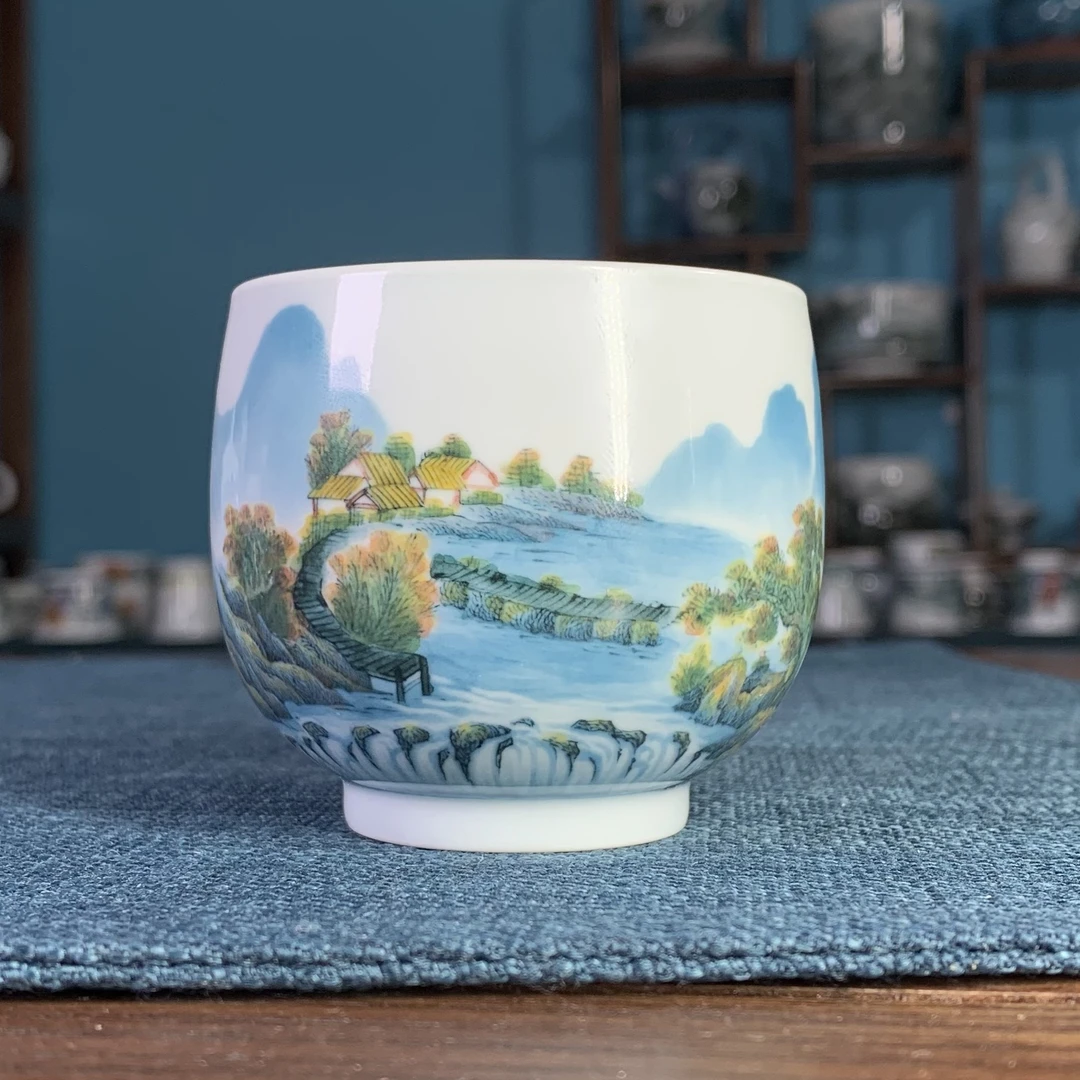 青远柴窑釉下陶瓷五彩山水主人杯高档大号罗汉杯茶杯茶具家用