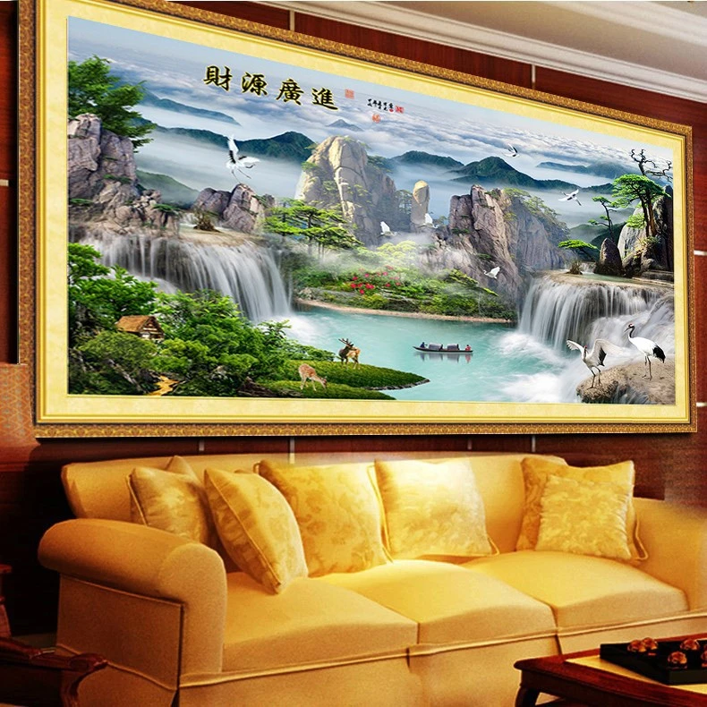 青飞新款大幅风水佳作财源广进十字绣流水生财风景山水2米满绣版