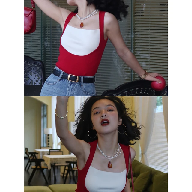 纯欲风拼色方领假两件吊带背心女外穿设计感爆款露肩打底针织上衣