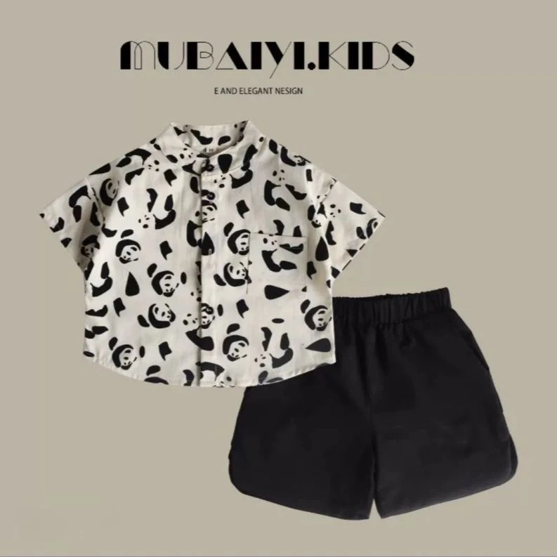 满印熊猫! 男童短袖衬衫洋气时尚宝宝男孩薄款帅气衬衣儿童上衣潮