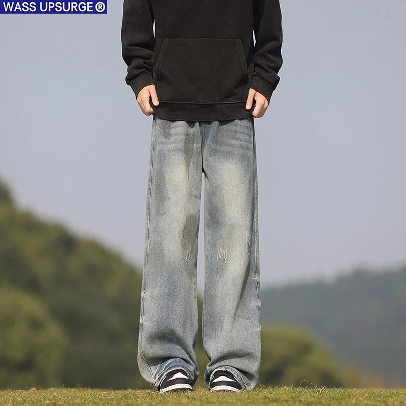 WASS UPSURGE美式复古水洗做旧牛仔裤男春秋新款潮牌宽松直筒阔腿