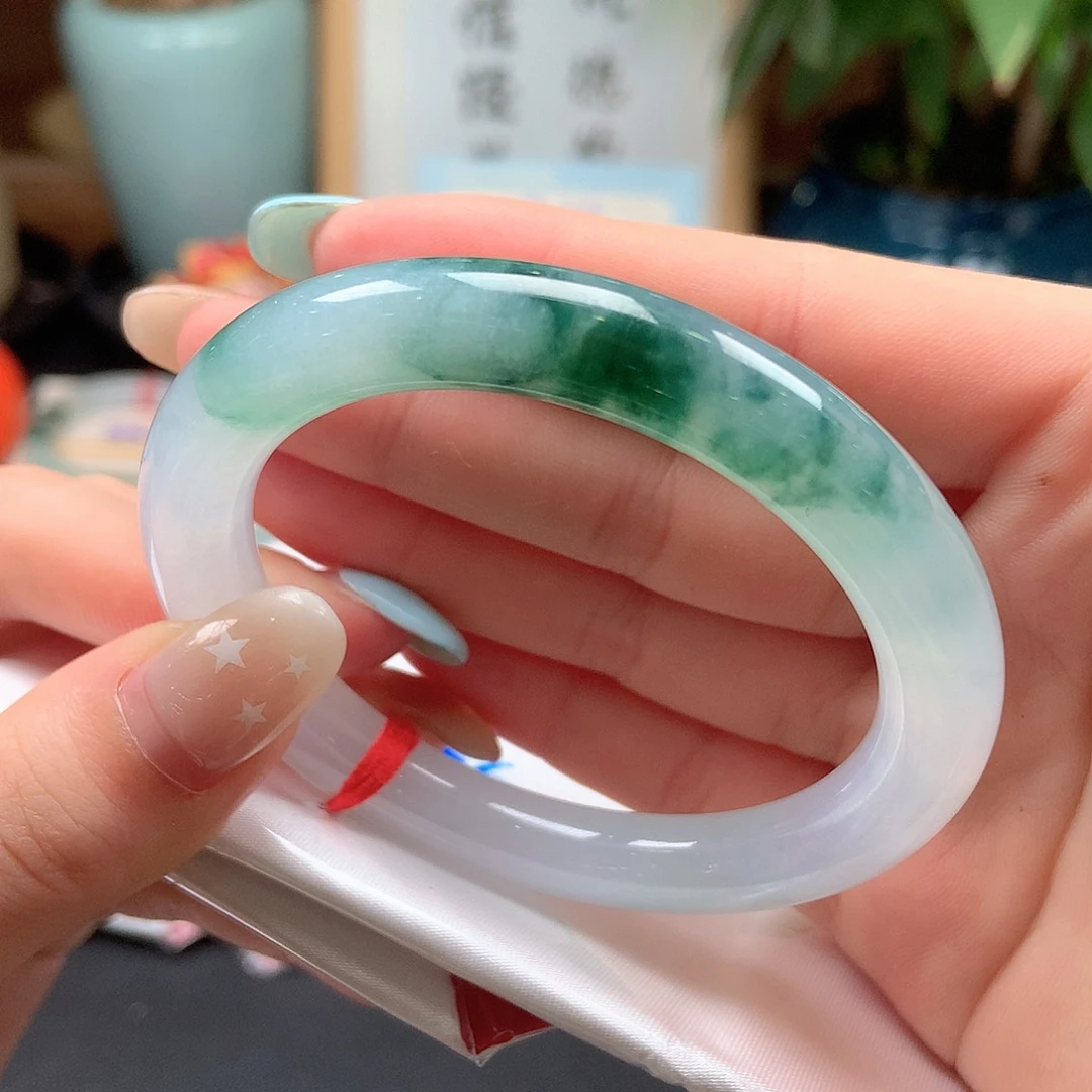 翡翠未镶嵌手镯白冰飘花圆半山水7号