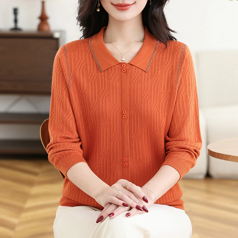 2025春秋新款中年女士翻领纯色时尚休闲百搭妈妈装长袖高档打底衫