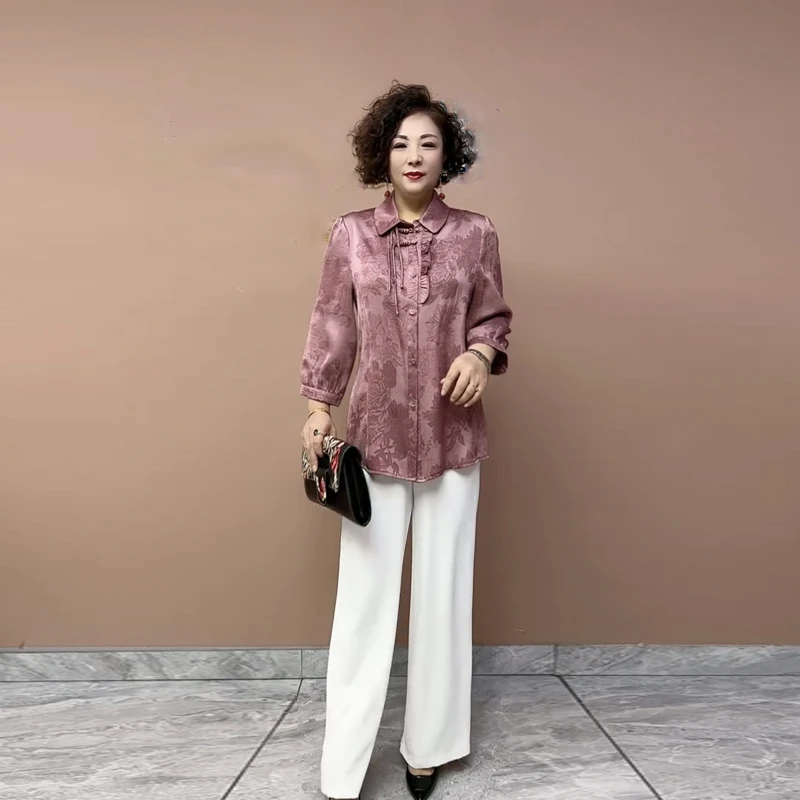 2025春夏新款复古流苏妈妈装提花开衫上衣国风荷叶边衬衫翻领大码