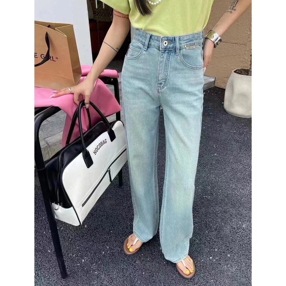 【萍萍推荐】夏季高腰牟钉字母贴标窄版阔腿直筒裤浅色系牛仔裤
