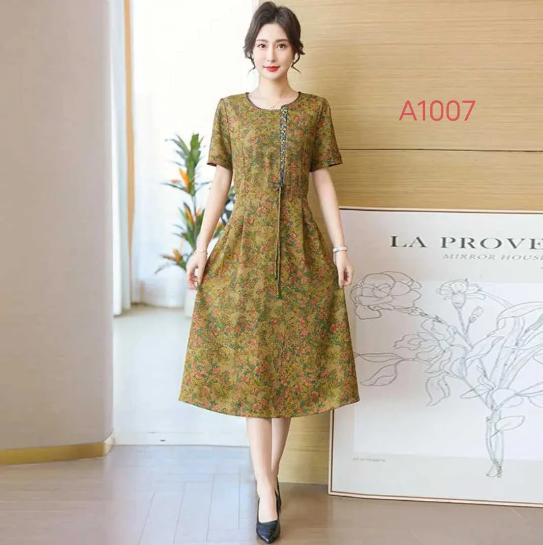 A1007遮肉宽松圆领短连衣裙国风复古女装碎花夏季套头中长款裙子