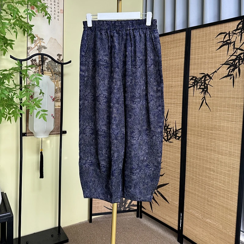 【青花瓷花苞裤】花萝提花百搭裤子松紧腰宽松时尚休闲夏季复古