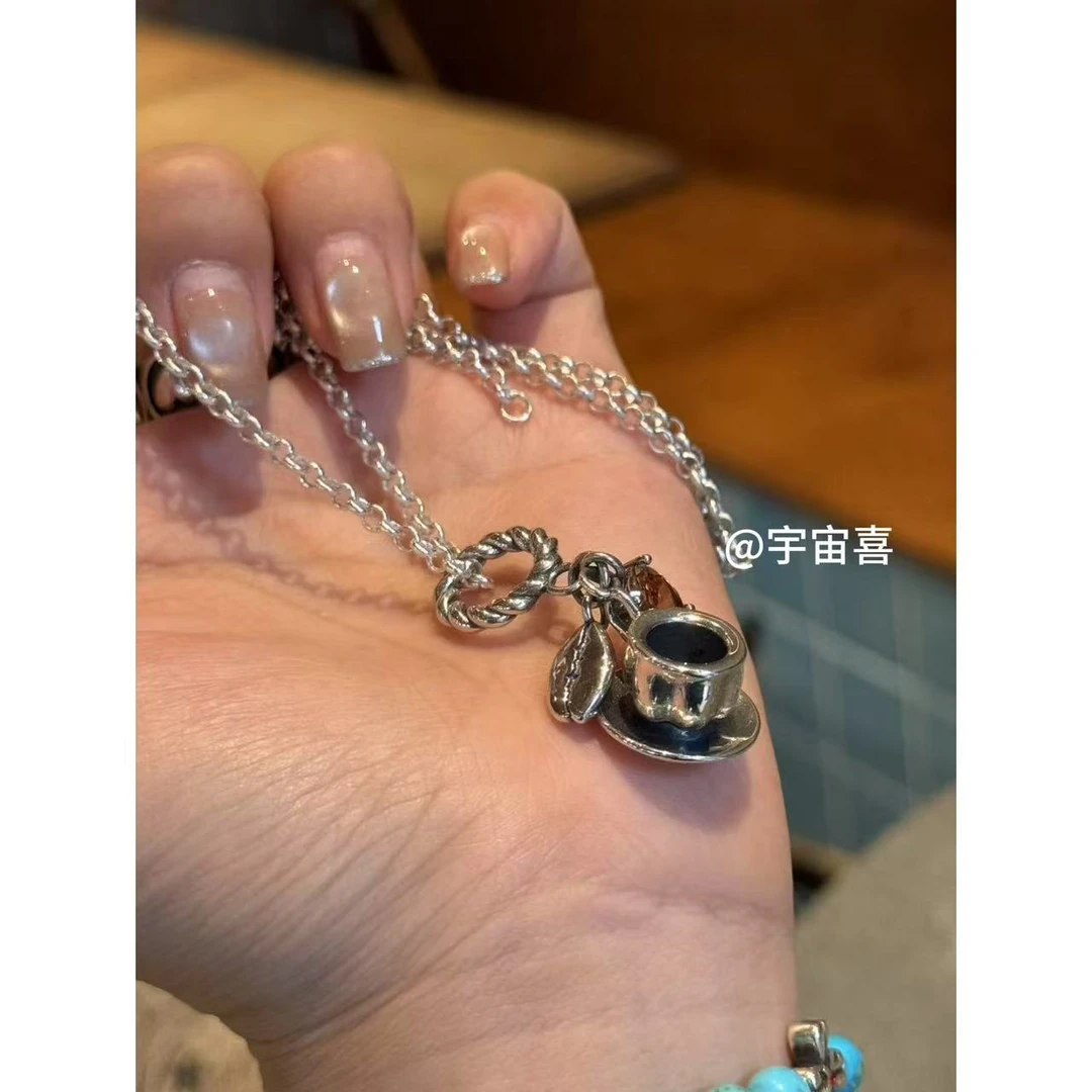 铜合金项链 G2-061【茶色锆石镀银咖啡豆咖啡杯吊坠项链】