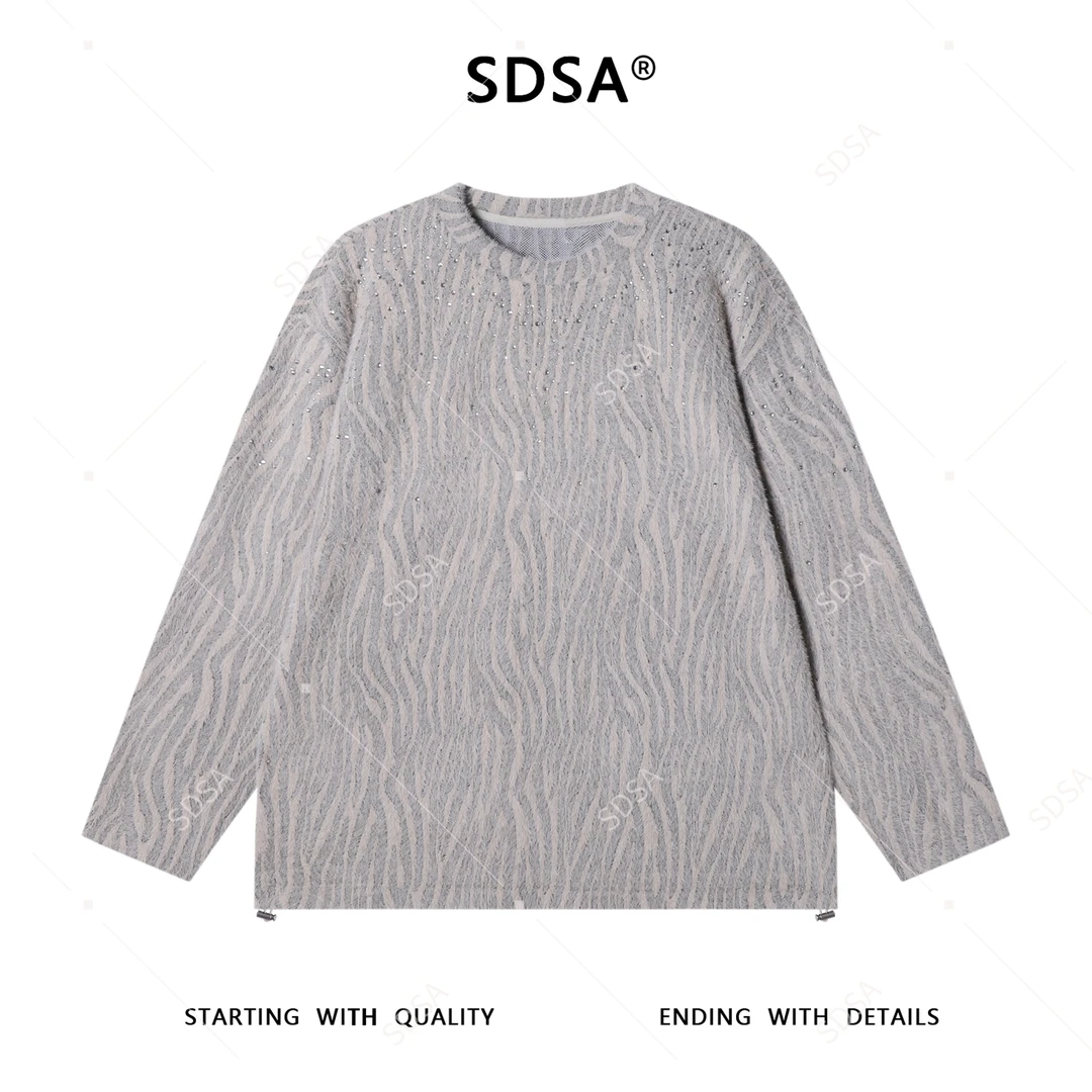 SDSA男士春秋新款痞帅男装韩版绒毛烫钻撞色圆领卫衣潮牌套头上衣