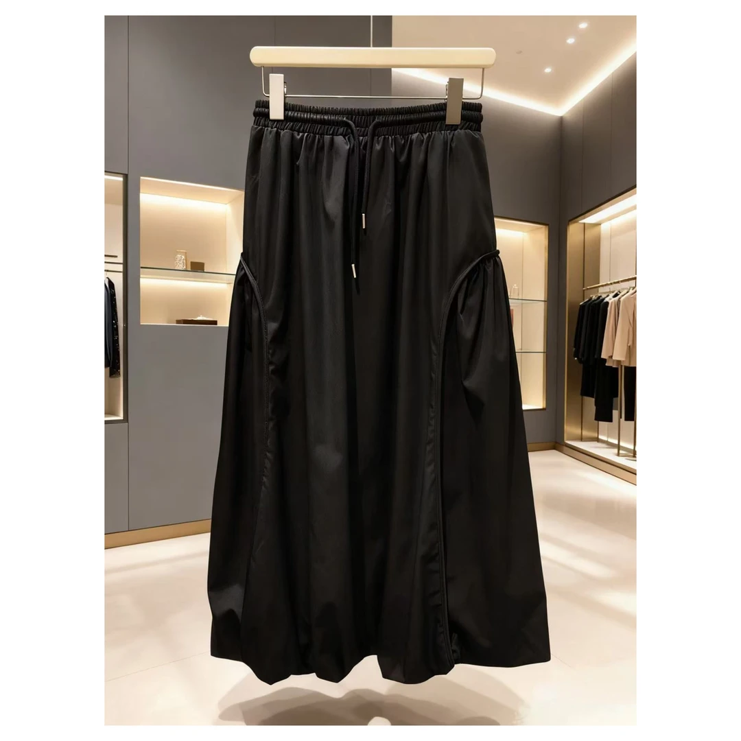 腰66-104长87黑色垂感抽绳宽松慵懒日常通勤休闲半身裙 3537