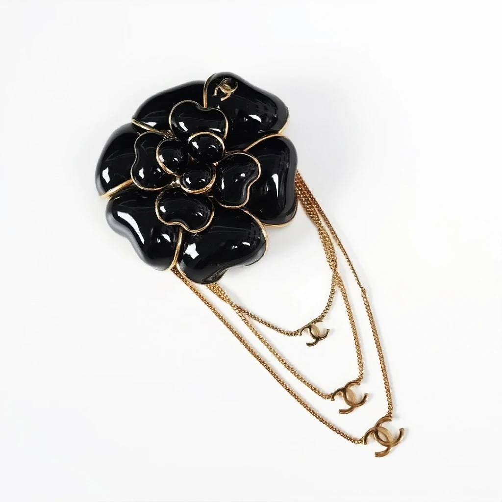 Chanel 黑珐琅花朵流苏胸针